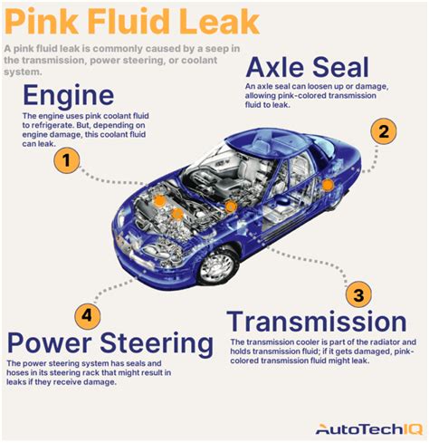 leaking purple fluid indicates trouble with|Vehicle Maintenance Flashcards